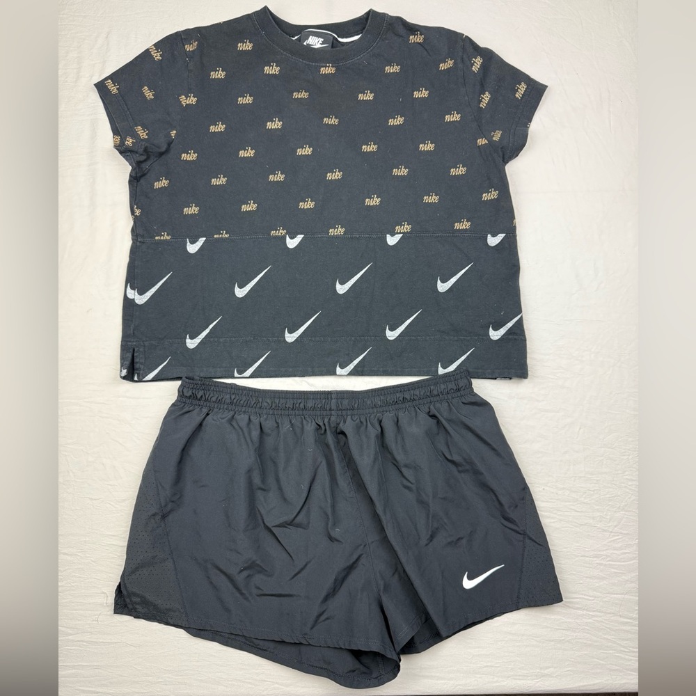 Nike women’s Black Tee with Gold Accents and shorts bundle